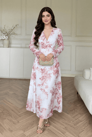 Women  White & Ivory Dress with Dusty Pink Floral Print  Soft  Flowing Fabric with Feminine Silhouette Perfect for Casual Brunch