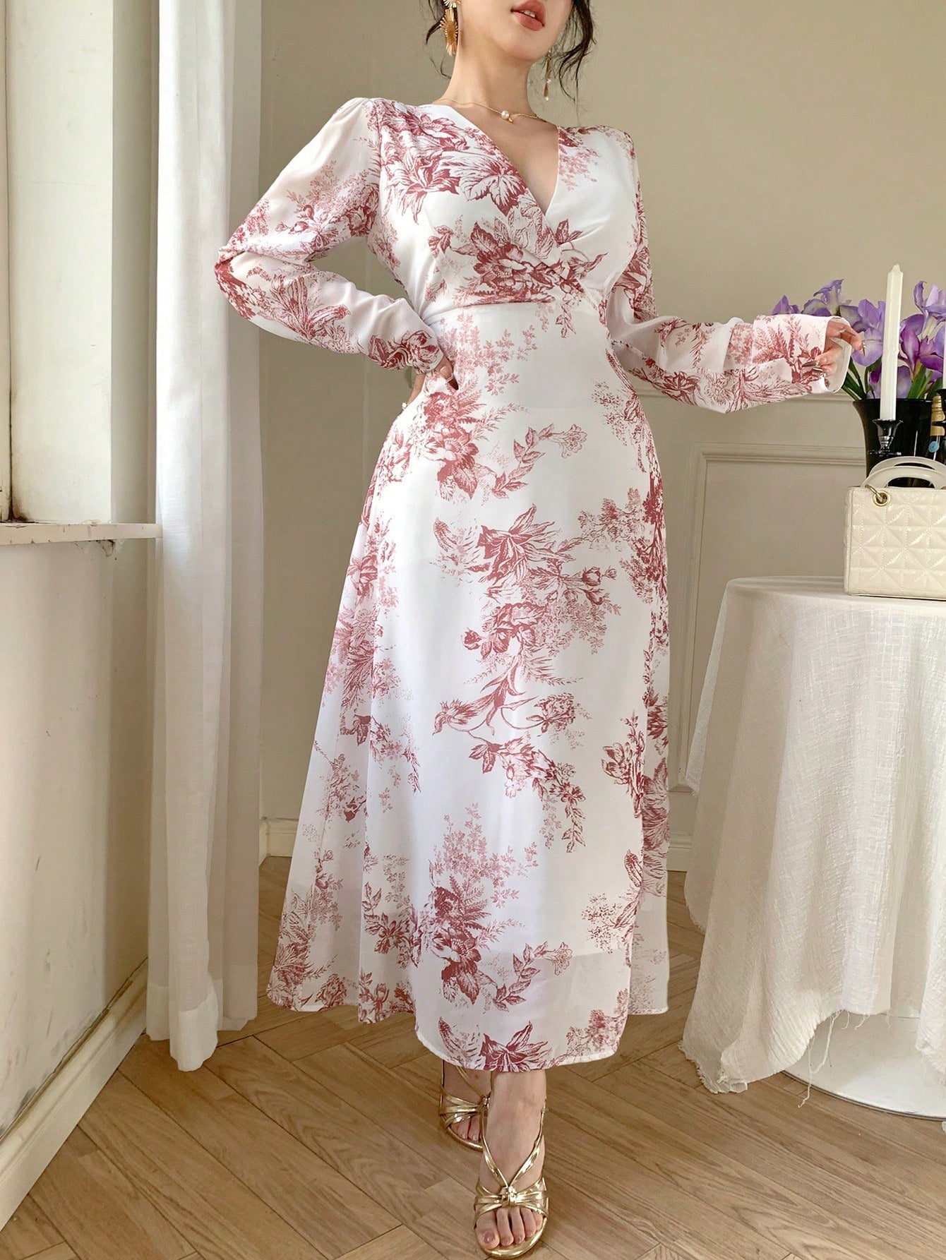 Elegant Floral Print White  Ivory color Dusty Pink Floral