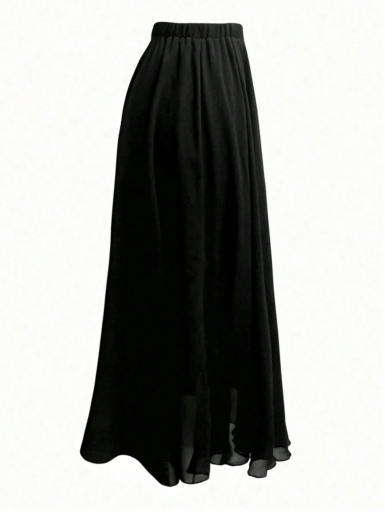 Black Georgette Flowy Maxi Skirt with Elasticated Waist and Sheer Hem
