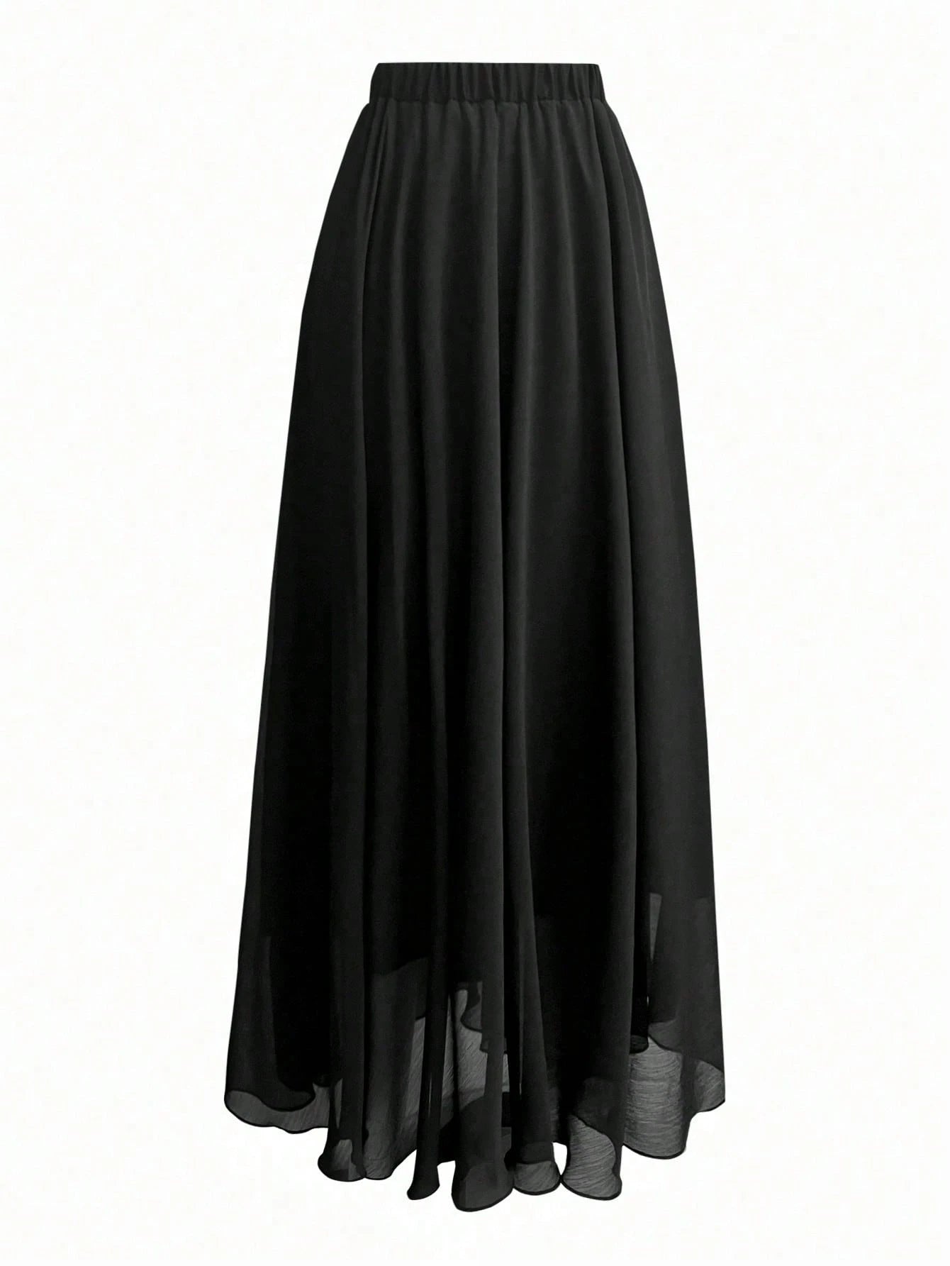 Black Georgette Flowy Maxi Skirt with Elasticated Waist and Sheer Hem