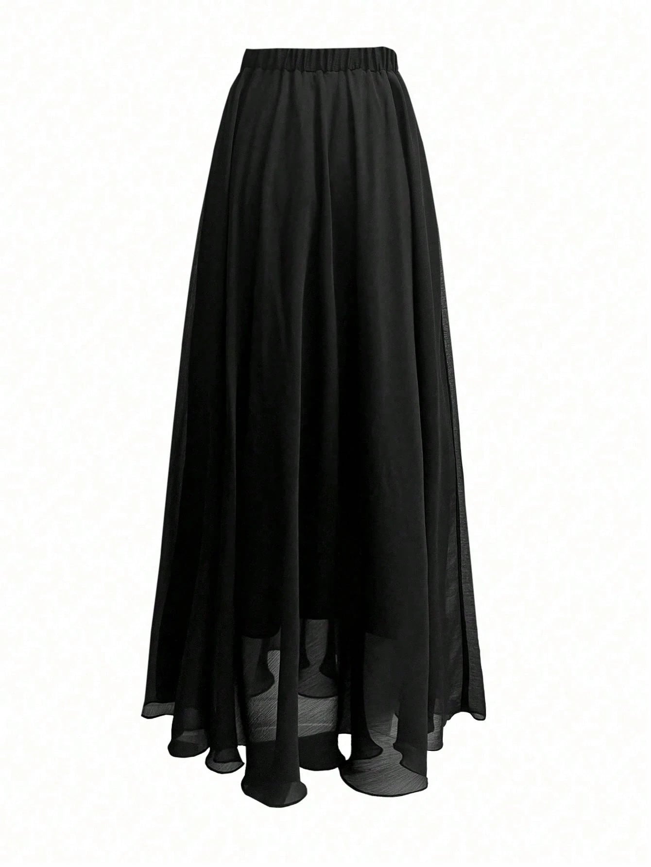 Midnight Elegance Black Flowy Maxi Skirt for Women