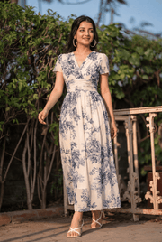Off White & Navy Blue Floral Dress for Women Soft Lightweight Fabric with Refined Floral Detailing for Effortless Styling