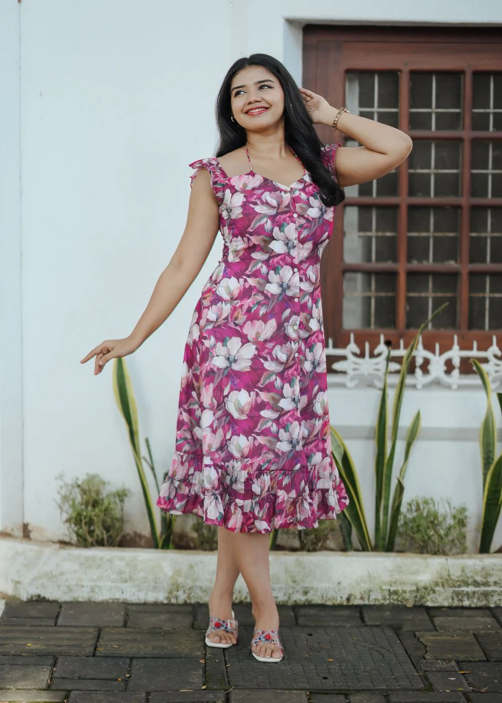 A beautiful pink &amp; multicolor floral print dress