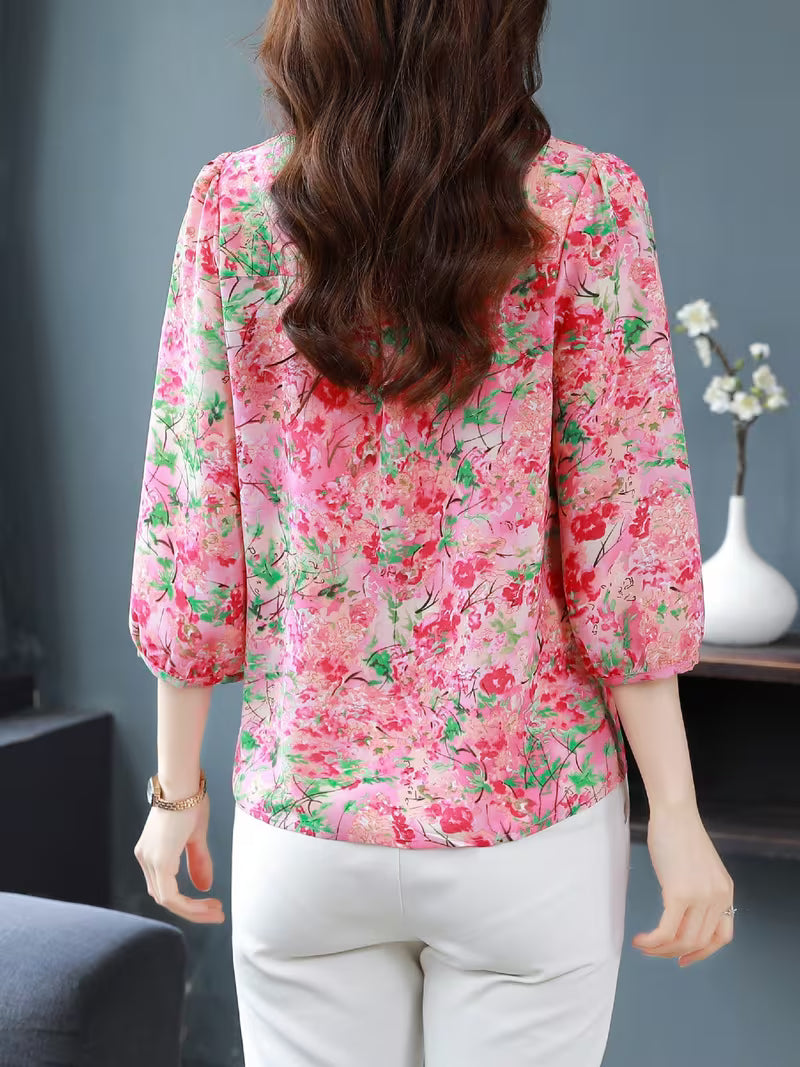 Vintage Rose Floral Chiffon with Ruffled Collar and Elastic Cuffs  Shirt