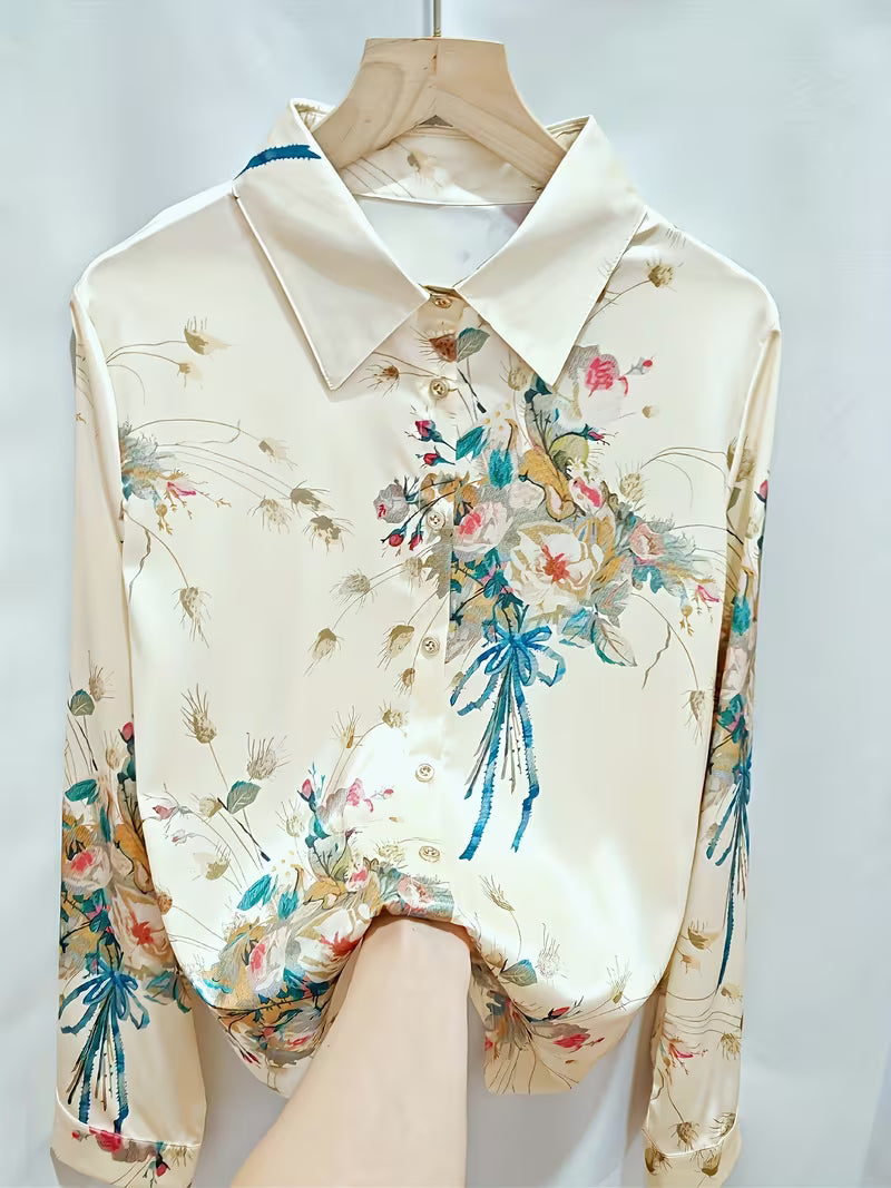 Vintage-Inspired Floral Bouquet Satin With   Pointed Collar  Button-Down Shirt