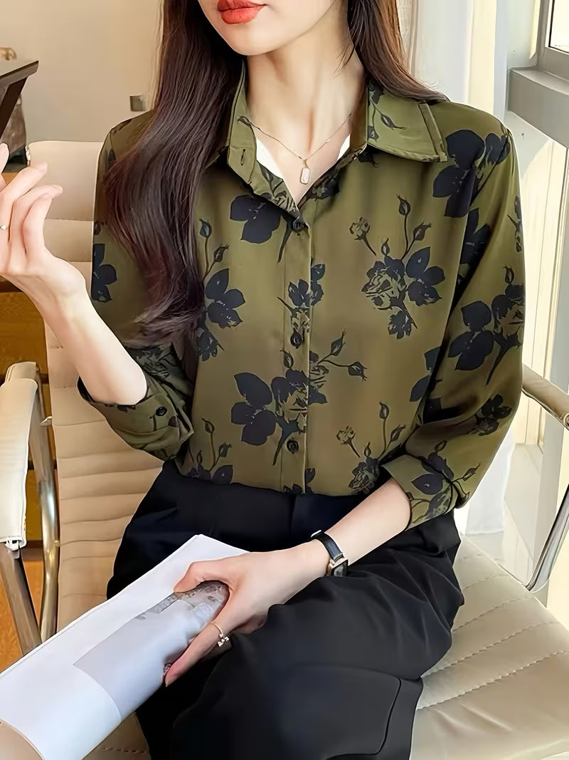 This sophisticated shirt features a rich green base adorned with dark floral Shirt