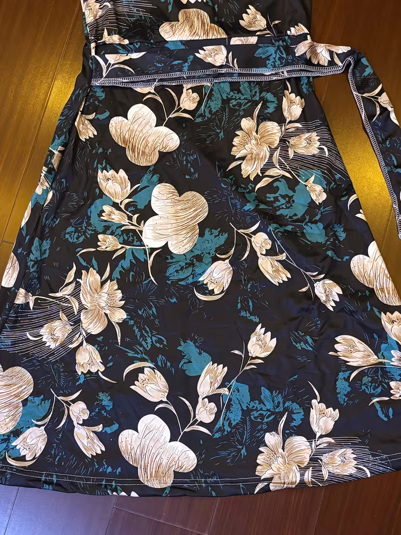 "Vintage Botanical Print A-Line Flowy Dress - Dark Floral"