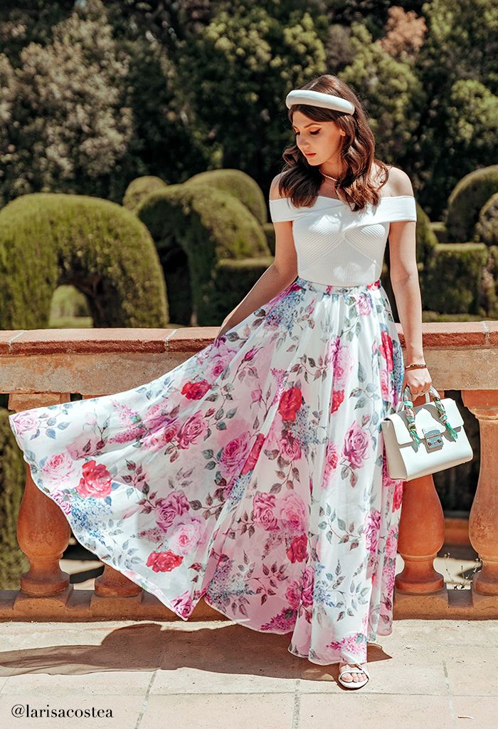 White rose and hydrangea floral chiffon maxi skirt elastic waist