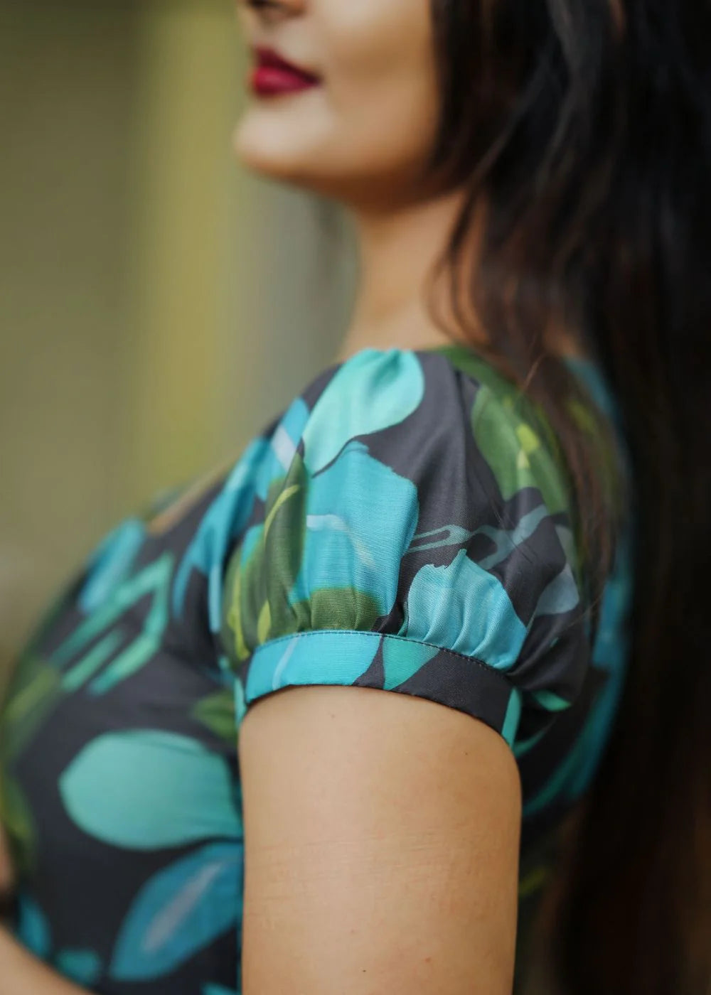 A beautiful black & blue, green abstract print muslin dress