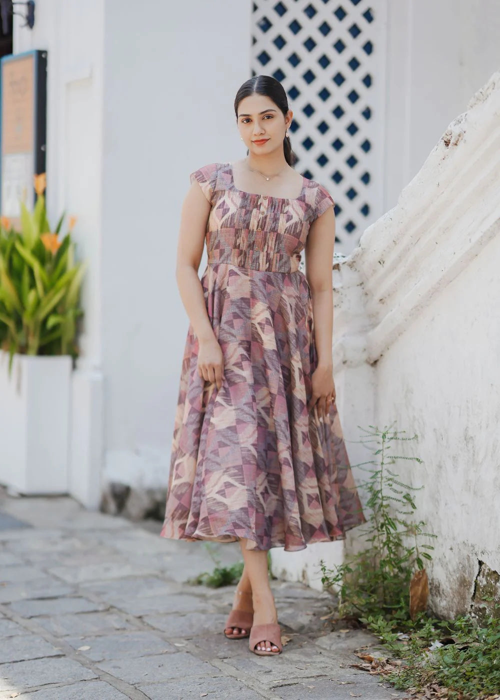 Multicolor abstract print tissue Geometric Patterned dress