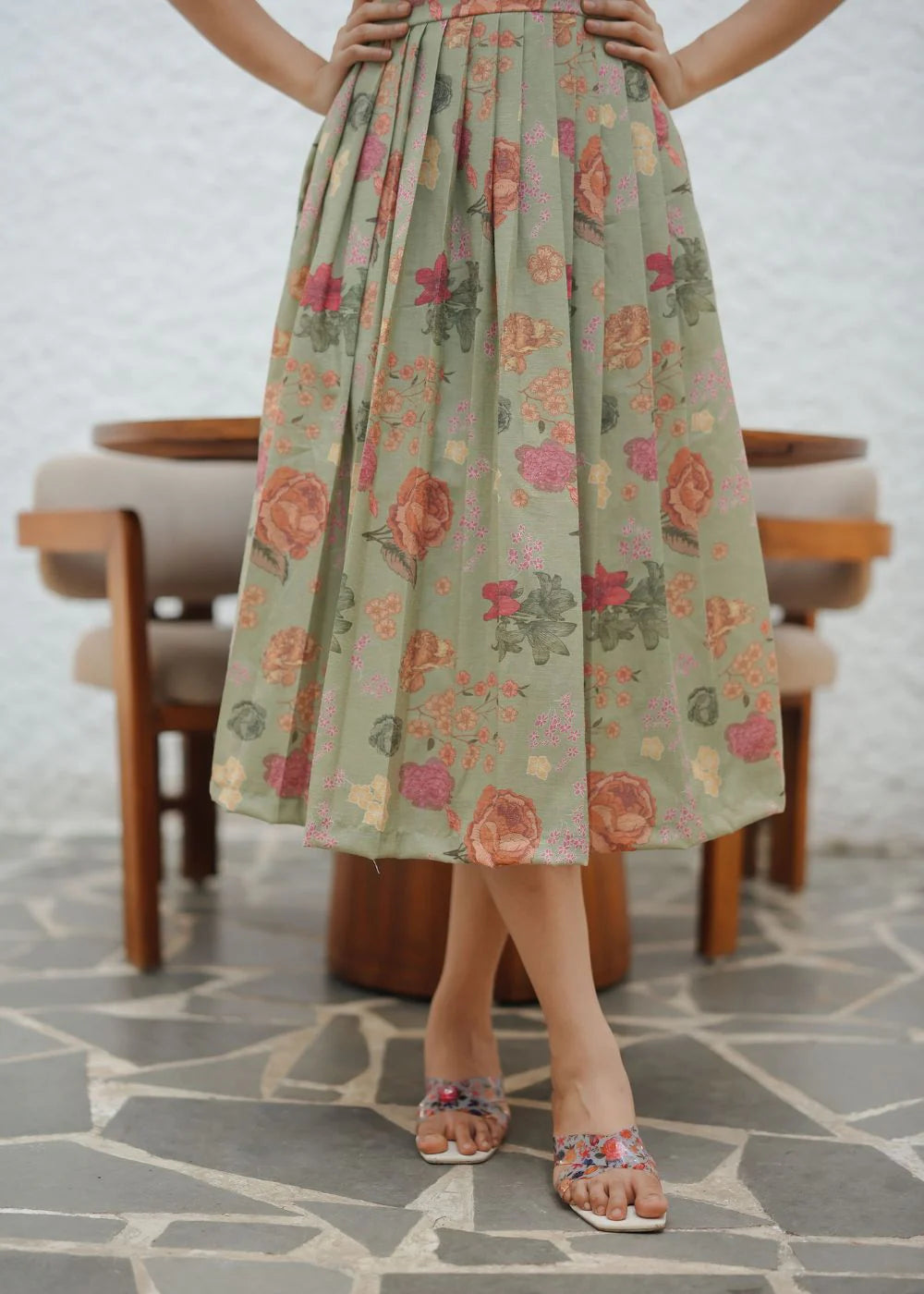 A graceful sage green &amp; multicolour floral print linen dress