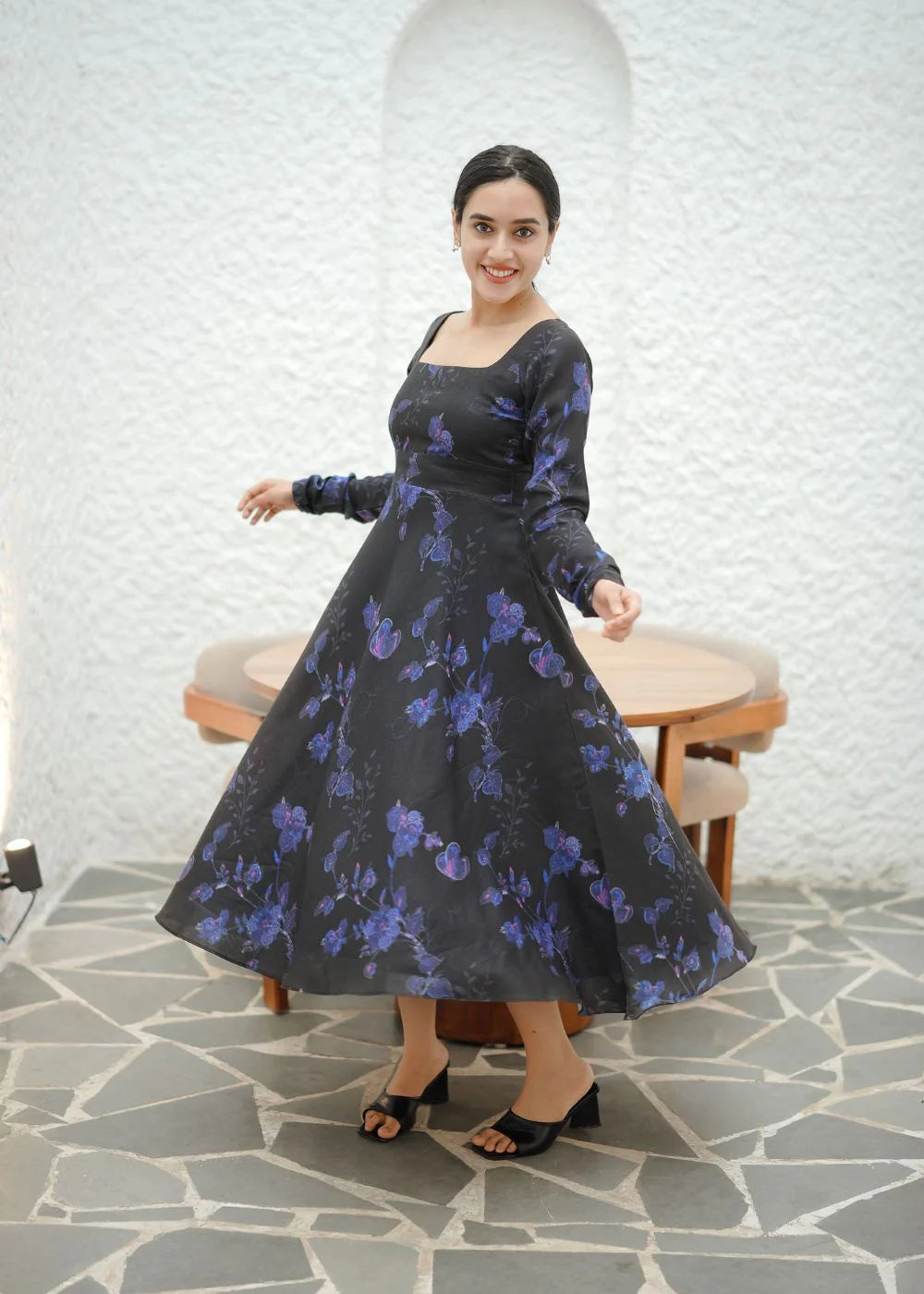 A beautiful black &amp; violet floral print dress