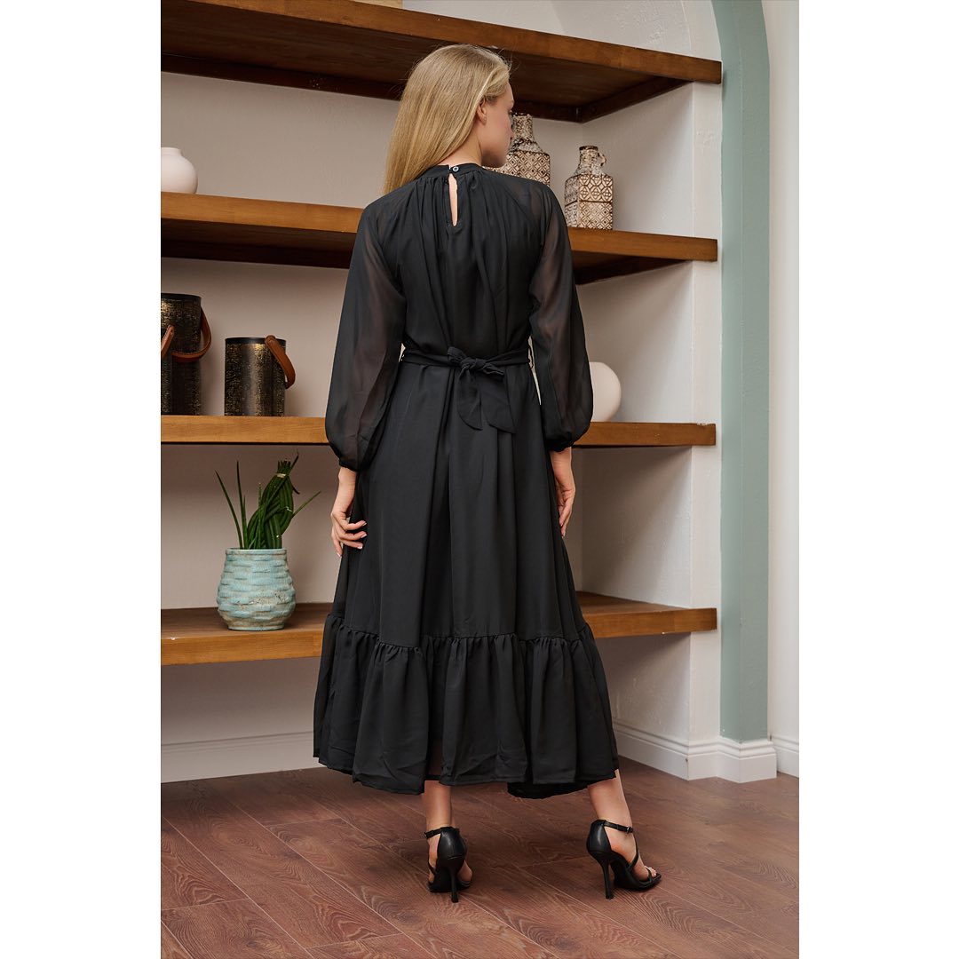 Noir Whisper Z Black Chiffon Midi Dress with High Neck & Sheer Sleeves