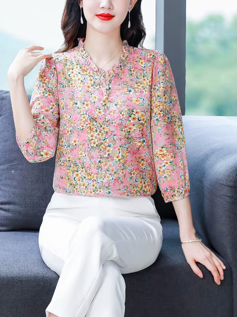 Ruffle-neck in Floral Print shirt