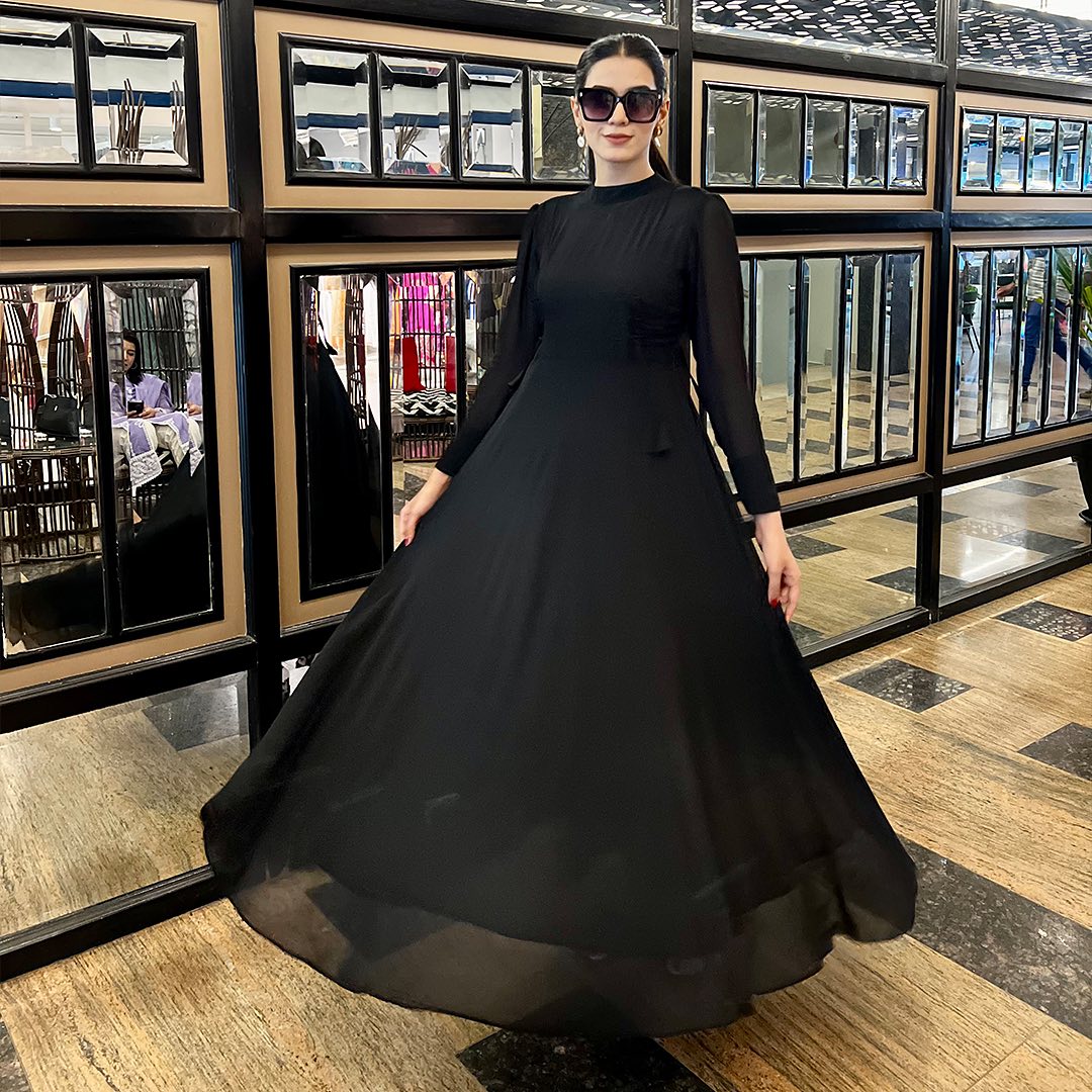 Black Georgette Maxi Dress with High Mock Neck and Sheer Full Sleeves
