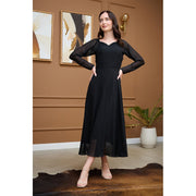 Midnight Grace Z Black Midi Dress with Sheer Sleeves