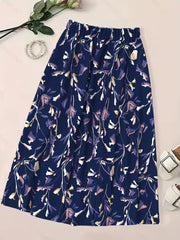 Elegant Navy Blue Floral Printed Skirt