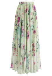 Women Mint Green Botanical Chiffon Maxi Skirt Soft Flowing Silhouette with Light Breathable Fabric and Feminine Charm