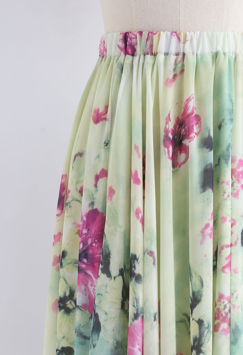 Women Mint Green Botanical Chiffon Maxi Skirt Soft Flowing Silhouette with Light Breathable Fabric and Feminine Charm