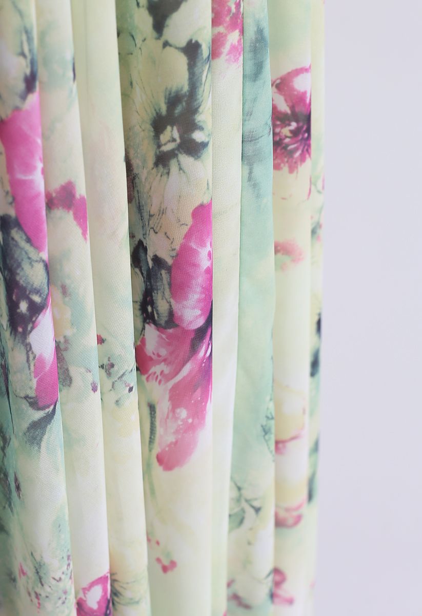 Women Mint Green Botanical Chiffon Maxi Skirt Soft Flowing Silhouette with Light Breathable Fabric and Feminine Charm