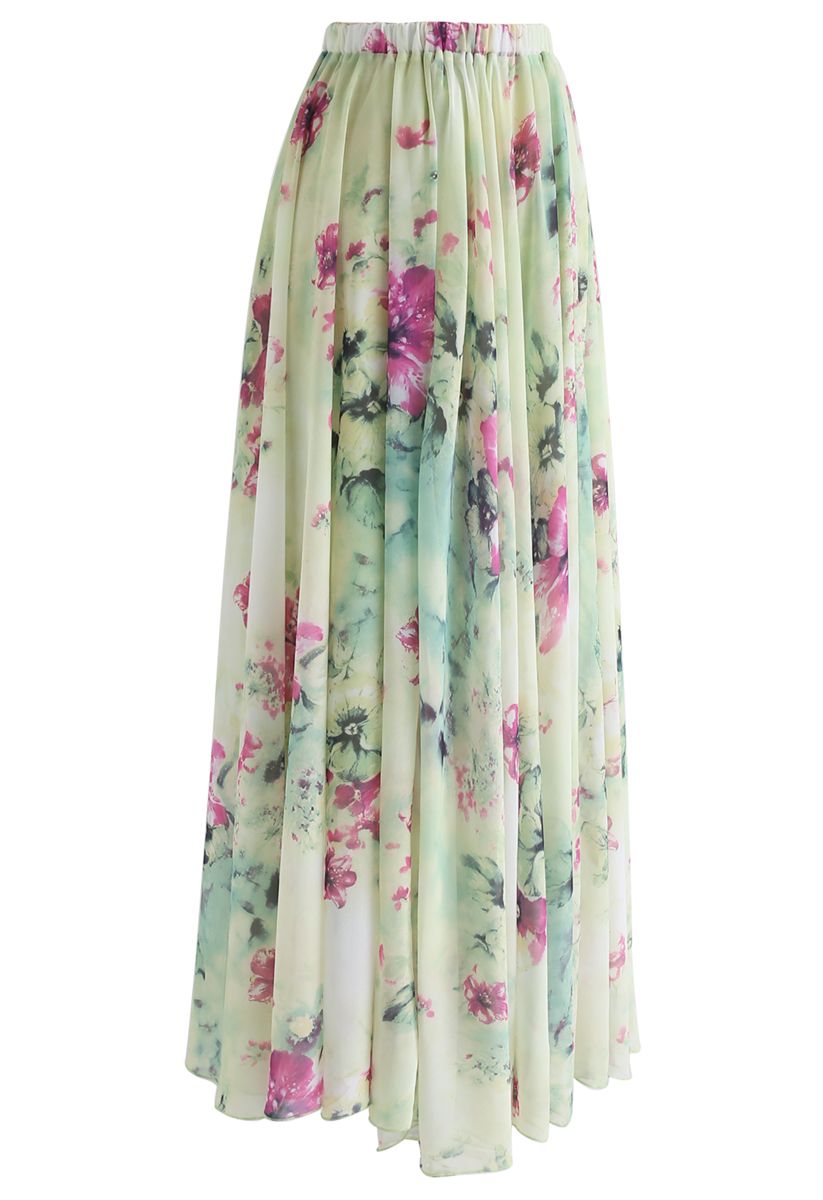 Women Mint Green Botanical Chiffon Maxi Skirt Soft Flowing Silhouette with Light Breathable Fabric and Feminine Charm