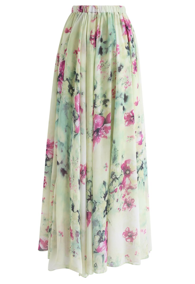 Women Mint Green Botanical Chiffon Maxi Skirt Soft Flowing Silhouette with Light Breathable Fabric and Feminine Charm