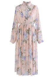 Soft Peach Garden Floral Printed Midi Dress with Ruffle Yoke  Elegant Long Sleeve Pleated Silhouette in Lightweight Flowing Fabric for Daytime & Occasion Wear