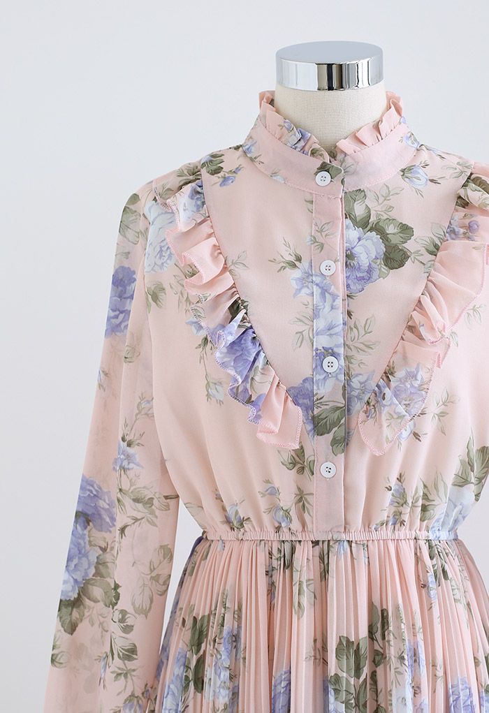 Soft Peach Garden Floral Printed Midi Dress with Ruffle Yoke  Elegant Long Sleeve Pleated Silhouette in Lightweight Flowing Fabric for Daytime & Occasion Wear