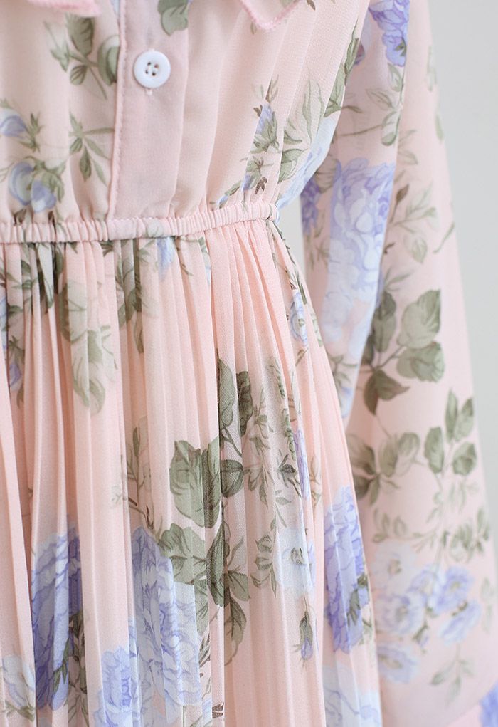 Soft Peach Garden Floral Printed Midi Dress with Ruffle Yoke  Elegant Long Sleeve Pleated Silhouette in Lightweight Flowing Fabric for Daytime & Occasion Wear