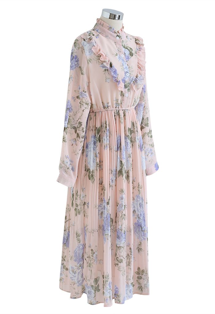 Soft Peach Garden Floral Printed Midi Dress with Ruffle Yoke  Elegant Long Sleeve Pleated Silhouette in Lightweight Flowing Fabric for Daytime & Occasion Wear