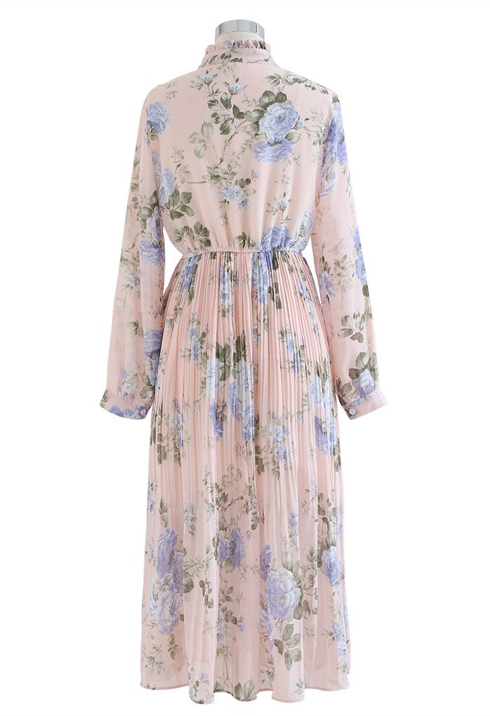 Soft Peach Garden Floral Printed Midi Dress with Ruffle Yoke  Elegant Long Sleeve Pleated Silhouette in Lightweight Flowing Fabric for Daytime & Occasion Wear