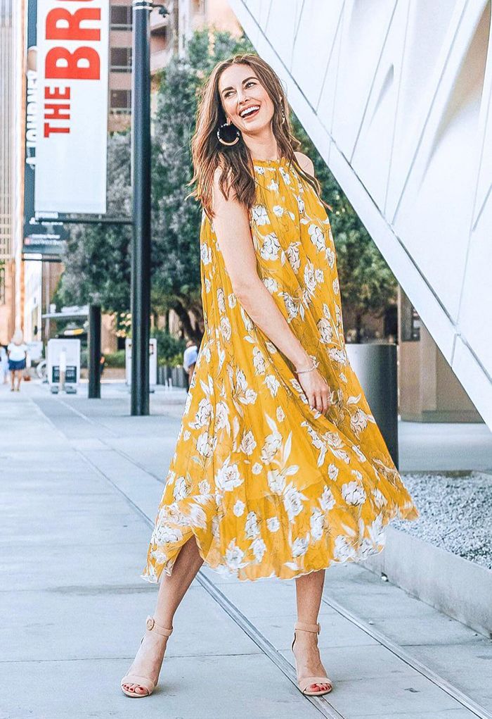 Mustard Yellow Floral Printed Halter Neck Belted Maxi Dress in Flowing Lightweight Fabric
