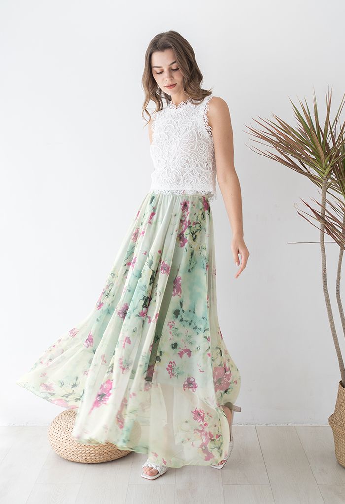 Women Mint Green Botanical Chiffon Maxi Skirt Soft Flowing Silhouette with Light Breathable Fabric and Feminine Charm