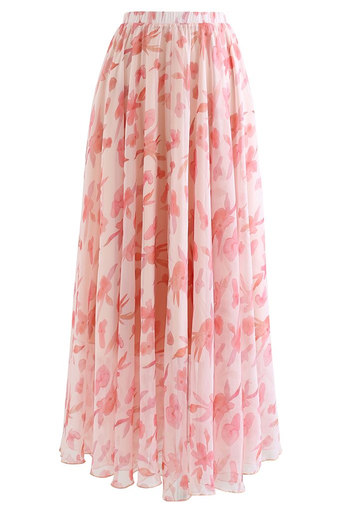 Blush Pink Flared Chiffon Skirt Flowing Lightweight Fabric with Delicate Floral Motif
