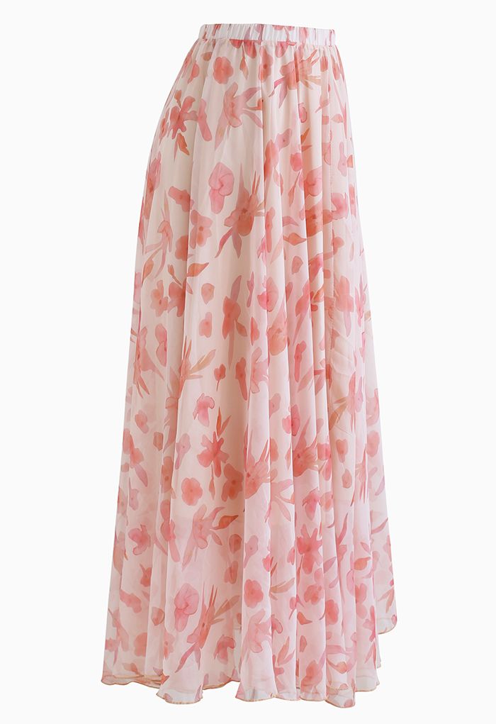 Blush Pink Flared Chiffon Skirt Flowing Lightweight Fabric with Delicate Floral Motif