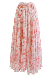 Blush Pink Flared Chiffon Skirt Flowing Lightweight Fabric with Delicate Floral Motif