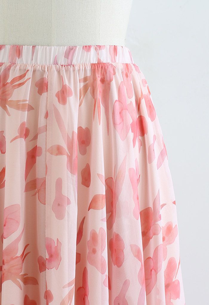 Blush Pink Flared Chiffon Skirt Flowing Lightweight Fabric with Delicate Floral Motif