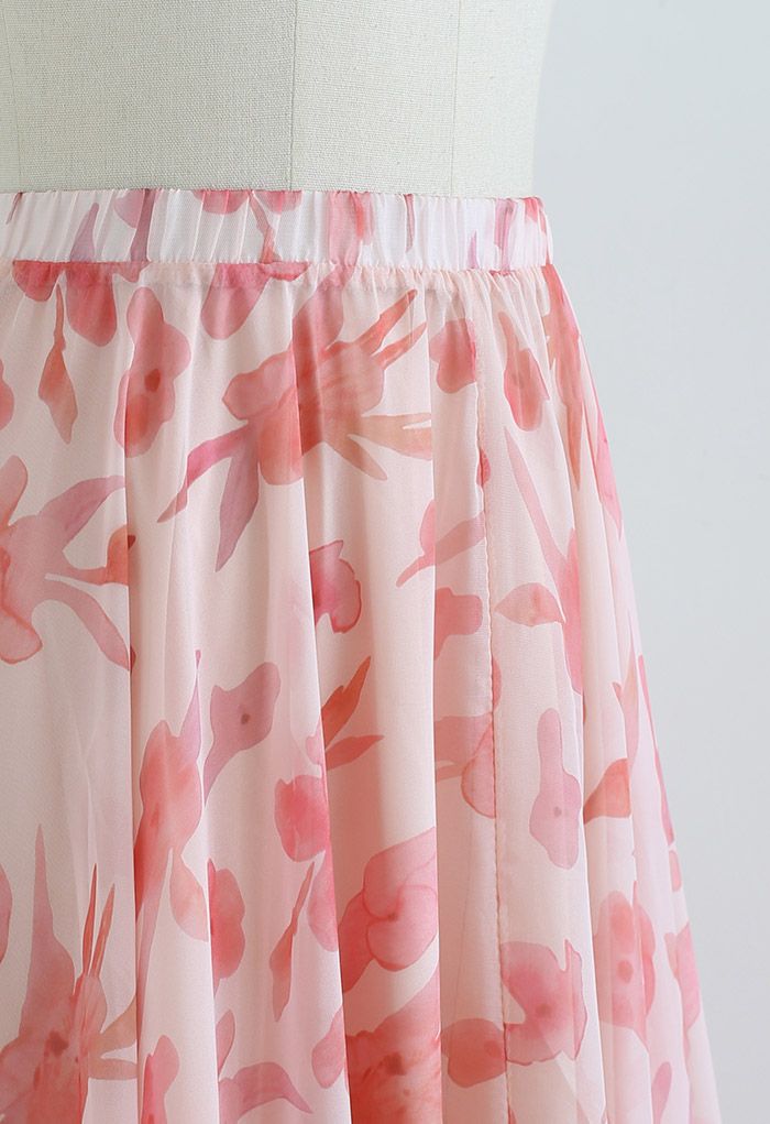 Blush Pink Flared Chiffon Skirt Flowing Lightweight Fabric with Delicate Floral Motif