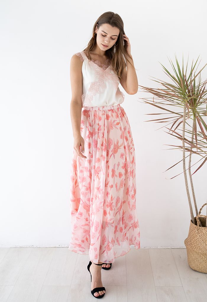 Blush Pink Flared Chiffon Skirt Flowing Lightweight Fabric with Delicate Floral Motif