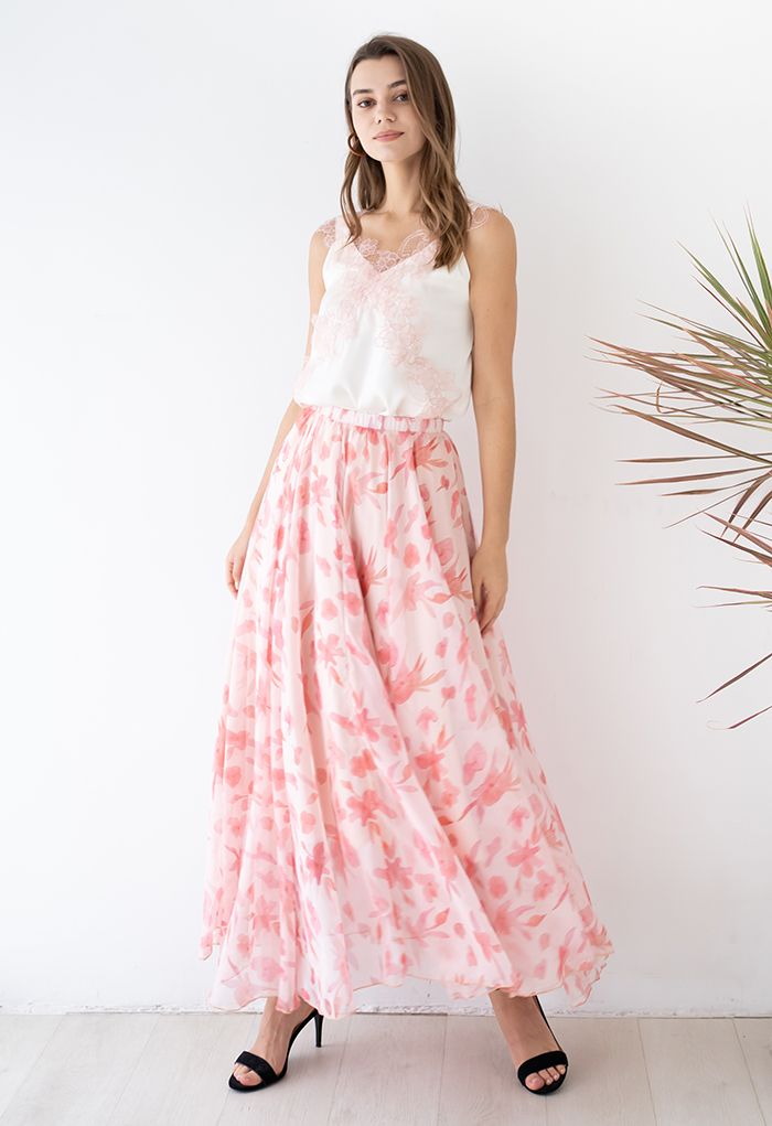 Blush Pink Flared Chiffon Skirt Flowing Lightweight Fabric with Delicate Floral Motif