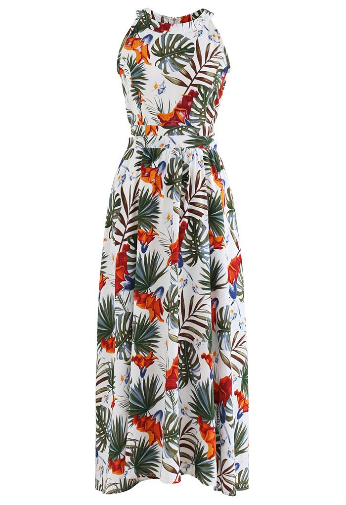 Ivory Tropical Leaf & Floral Printed Poly Chiffon Maxi Dress with Halter Neckline and Flowing
