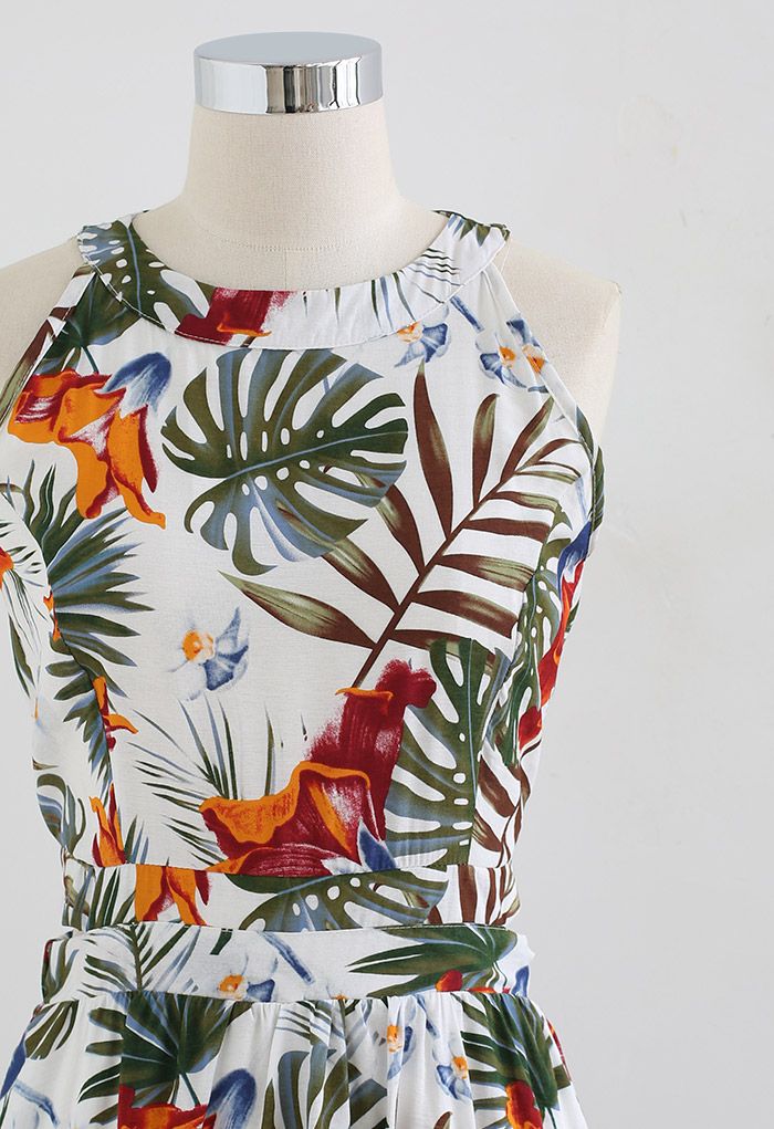 Ivory Tropical Leaf & Floral Printed Poly Chiffon Maxi Dress with Halter Neckline and Flowing