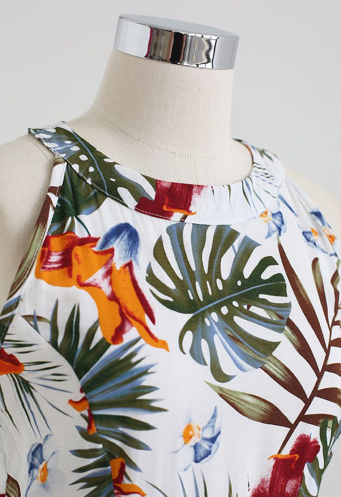 Ivory Tropical Leaf & Floral Printed Poly Chiffon Maxi Dress with Halter Neckline and Flowing