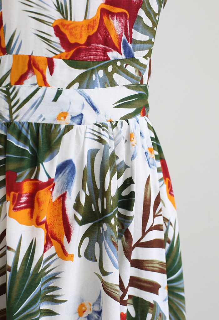 Ivory Tropical Leaf & Floral Printed Poly Chiffon Maxi Dress with Halter Neckline and Flowing
