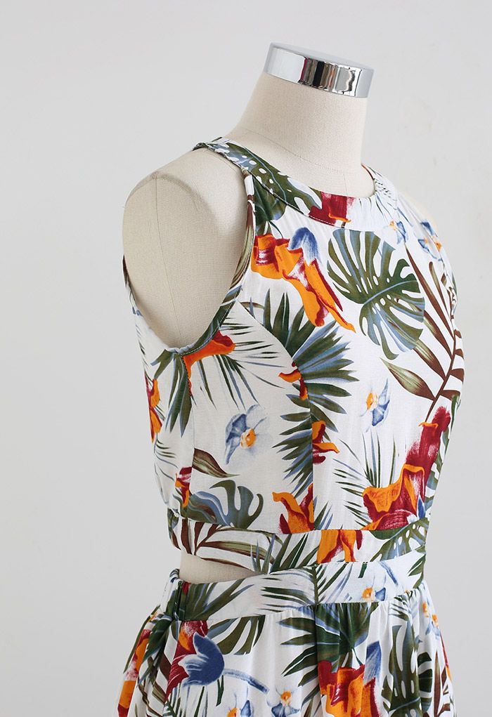 Ivory Tropical Leaf & Floral Printed Poly Chiffon Maxi Dress with Halter Neckline and Flowing
