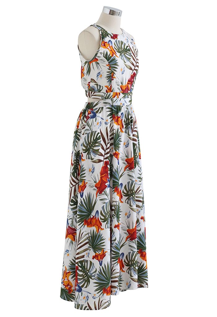 Ivory Tropical Leaf & Floral Printed Poly Chiffon Maxi Dress with Halter Neckline and Flowing