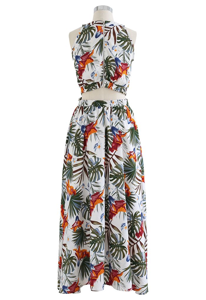 Ivory Tropical Leaf & Floral Printed Poly Chiffon Maxi Dress with Halter Neckline and Flowing