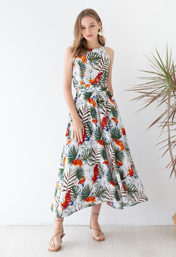Ivory Tropical Leaf & Floral Printed Poly Chiffon Maxi Dress with Halter Neckline and Flowing