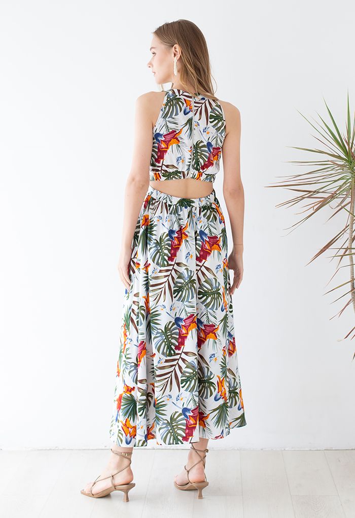 Ivory Tropical Leaf & Floral Printed Poly Chiffon Maxi Dress with Halter Neckline and Flowing