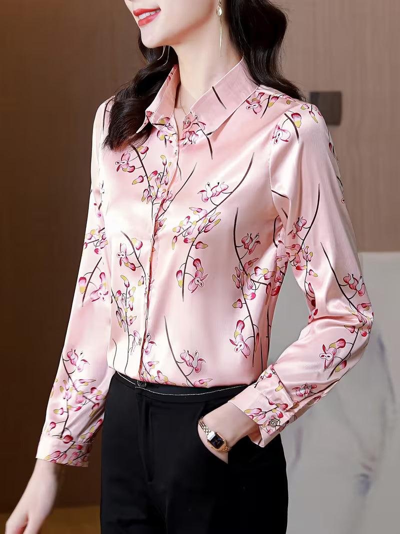 Luxurious Silk Satin Floral Blouse - Professional Slim Fit Office Wear Shirts